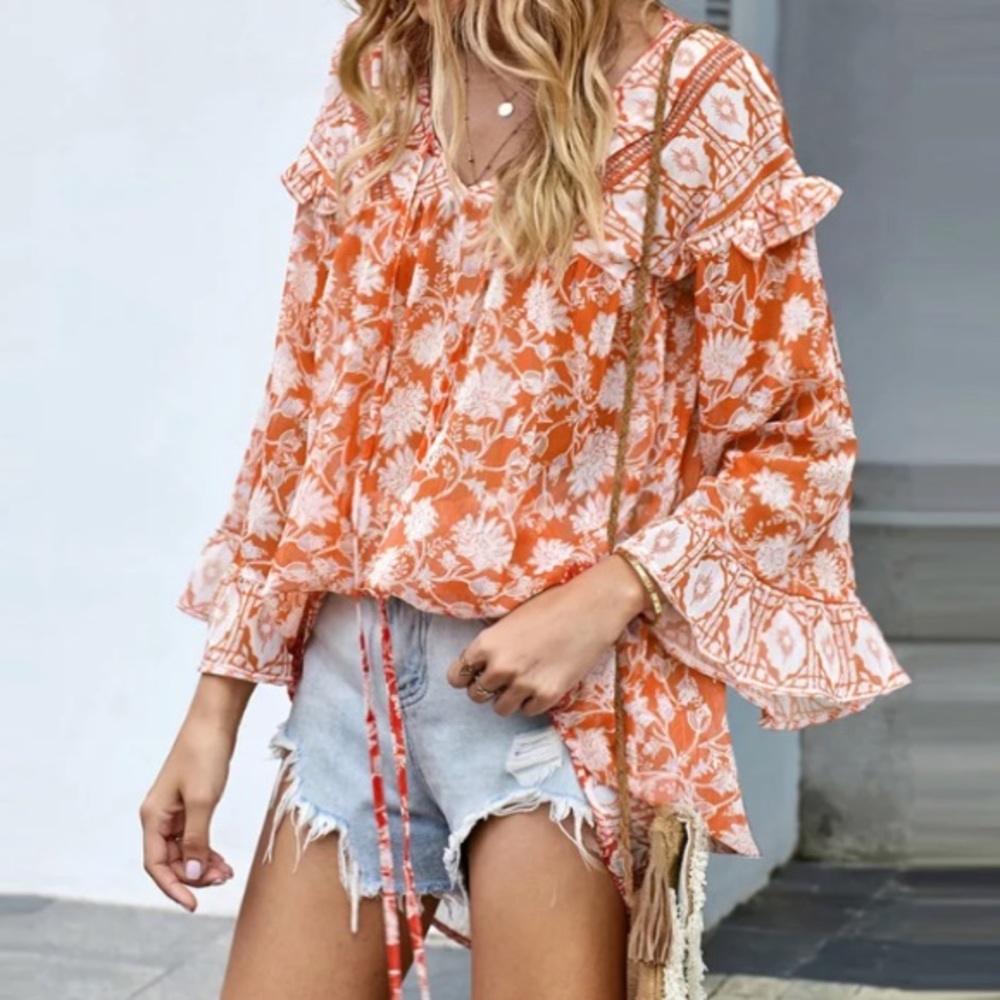 SOLD OUT Boho Orange Floral Chiffon Tunic Blouse - Picture 2 of 4